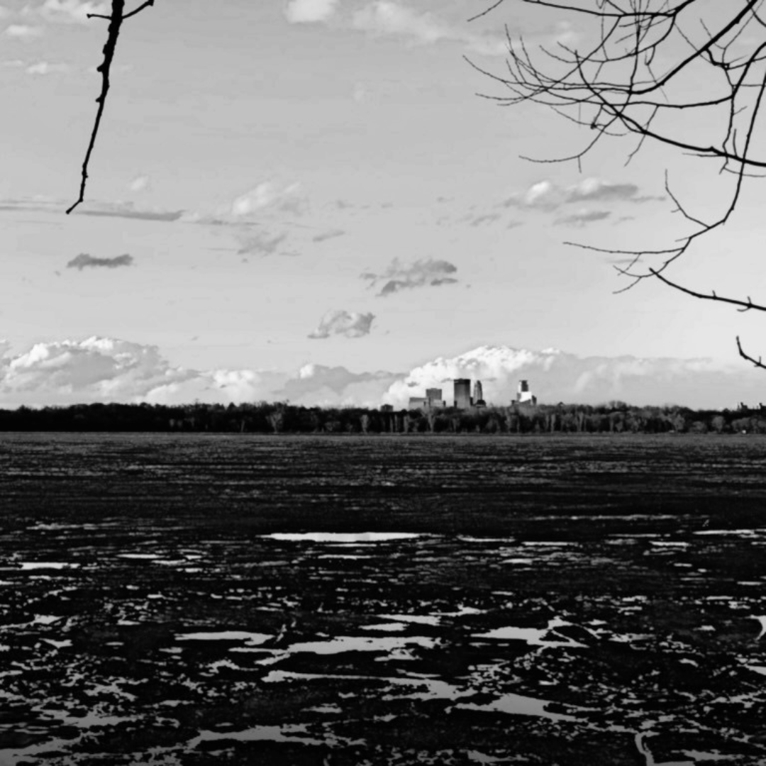 Photo of the Minneapolis skyline from an icy Lake Harriet with barren tree branches overhead.